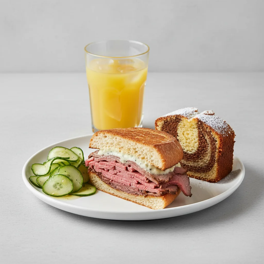 Roast Beef Sandwich, Cucumber Salad, Poundcake, Orange Juice Roast Beef Sandwich, Cucumber Salad, Poundcake, Orange Juice