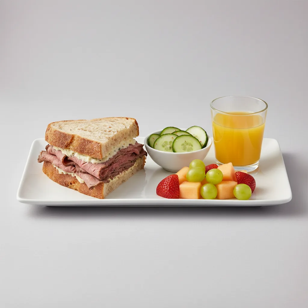 Roast Beef Sandwich, Cucumber Salad, Fruit, Orange Juice Roast Beef Sandwich, Cucumber Salad, Fruit, Orange Juice