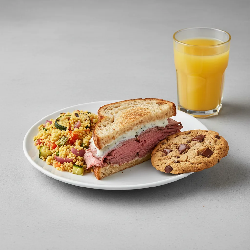 Roast Beef Sandwich, Couscous, Cookie, Orange Juice Roast Beef Sandwich, Couscous, Cookie, Orange Juice