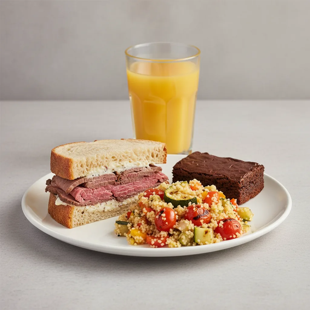 Roast Beef Sandwich, Couscous, Brownie, Orange Juice Roast Beef Sandwich, Couscous, Brownie, Orange Juice