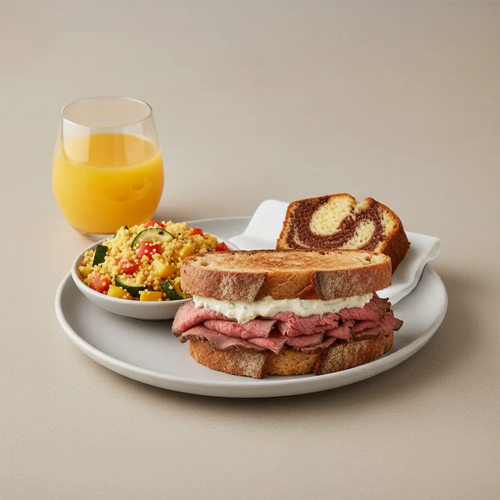 Roast Beef Sandwich, Couscous, Poundcake, Orange Juice Roast Beef Sandwich, Couscous, Poundcake, Orange Juice