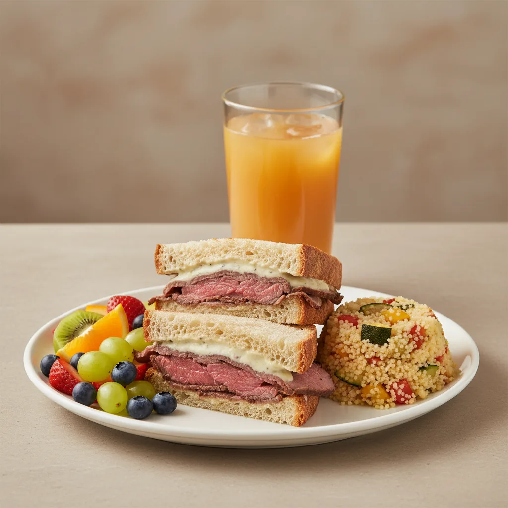 Roast Beef Sandwich, Couscous, Fruit, Orange Juice Roast Beef Sandwich, Couscous, Fruit, Orange Juice