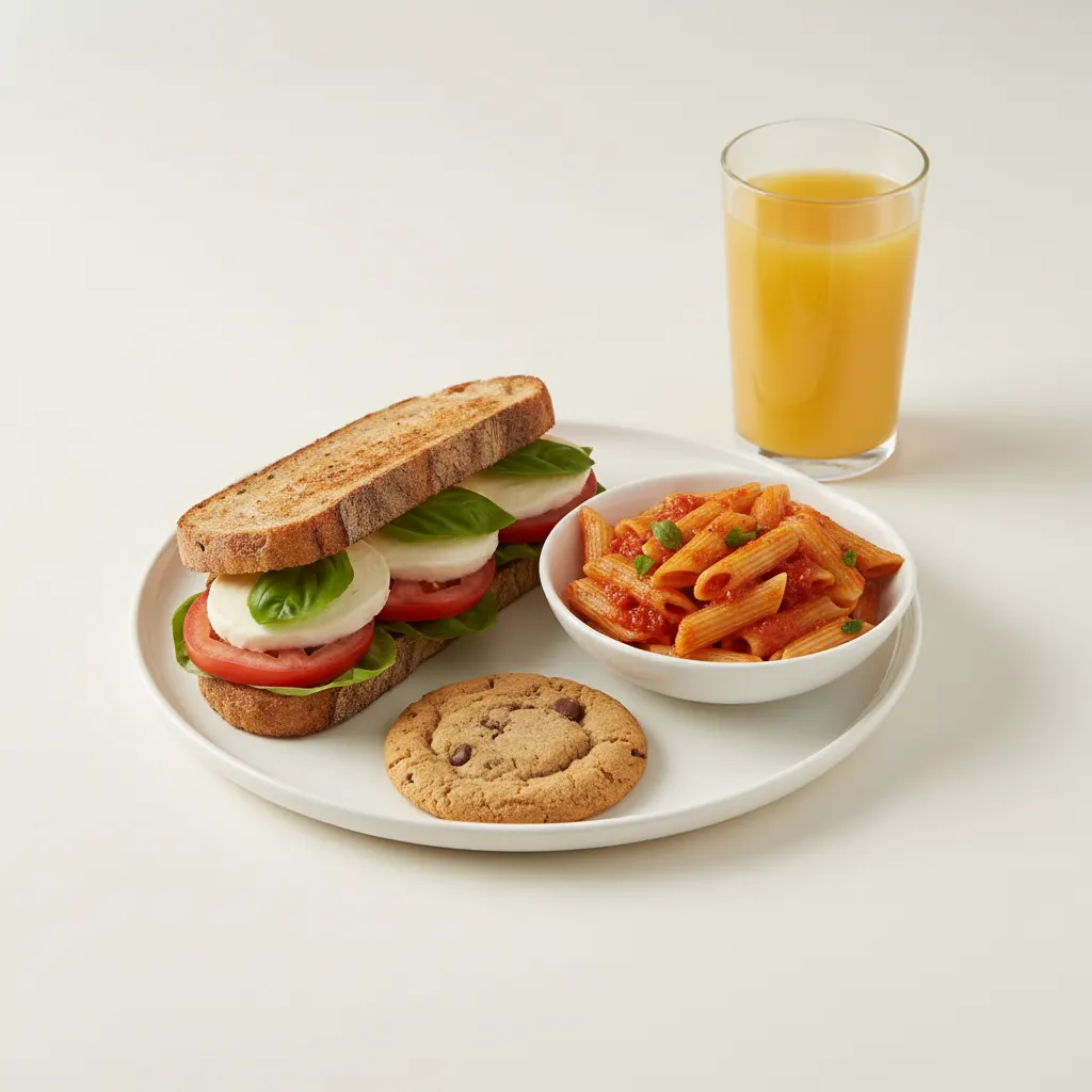 Mozzarella, Tomato and Basil Sandwich, Tomato Basil Penne, Cookie, Orange Juice Mozzarella, Tomato and Basil Sandwich, Tomato Basil Penne, Cookie, Orange Juice