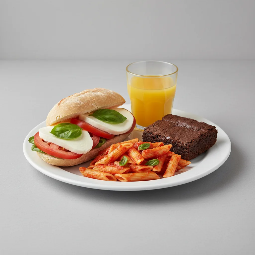 Mozzarella, Tomato and Basil Sandwich, Tomato Basil Penne, Brownie, Orange Juice Mozzarella, Tomato and Basil Sandwich, Tomato Basil Penne, Brownie, Orange Juice