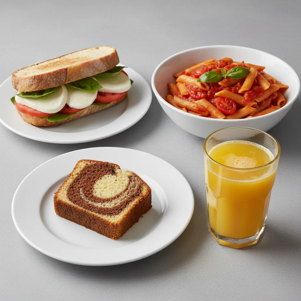 Mozzarella, Tomato Basil Sandwich, Tomato Basil Penne, Poundcake, Orange Juice Mozzarella, Tomato Basil Sandwich, Tomato Basil Penne, Poundcake, Orange Juice