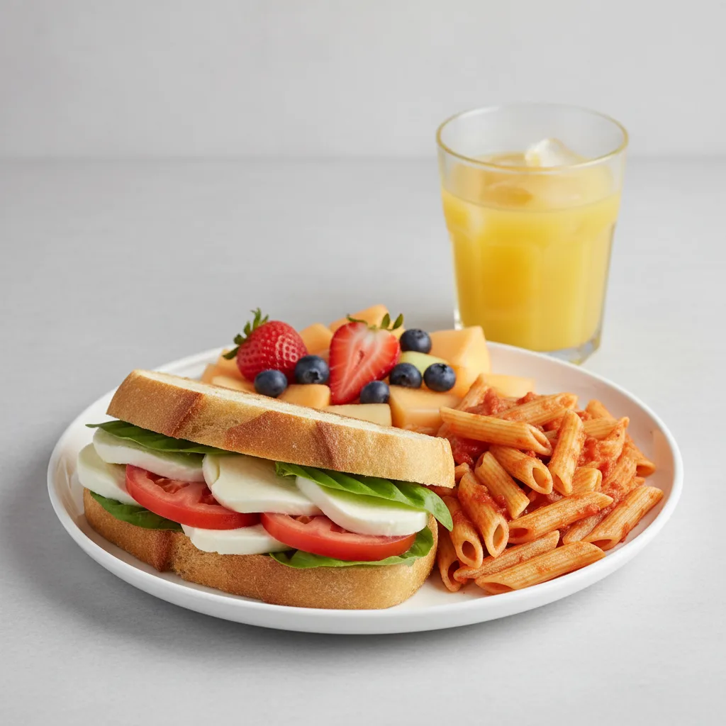 Mozzarella, Tomato and Basil Sandwich, Tomato Basil Penne, Fruit, Orange Juice Mozzarella, Tomato and Basil Sandwich, Tomato Basil Penne, Fruit, Orange Juice