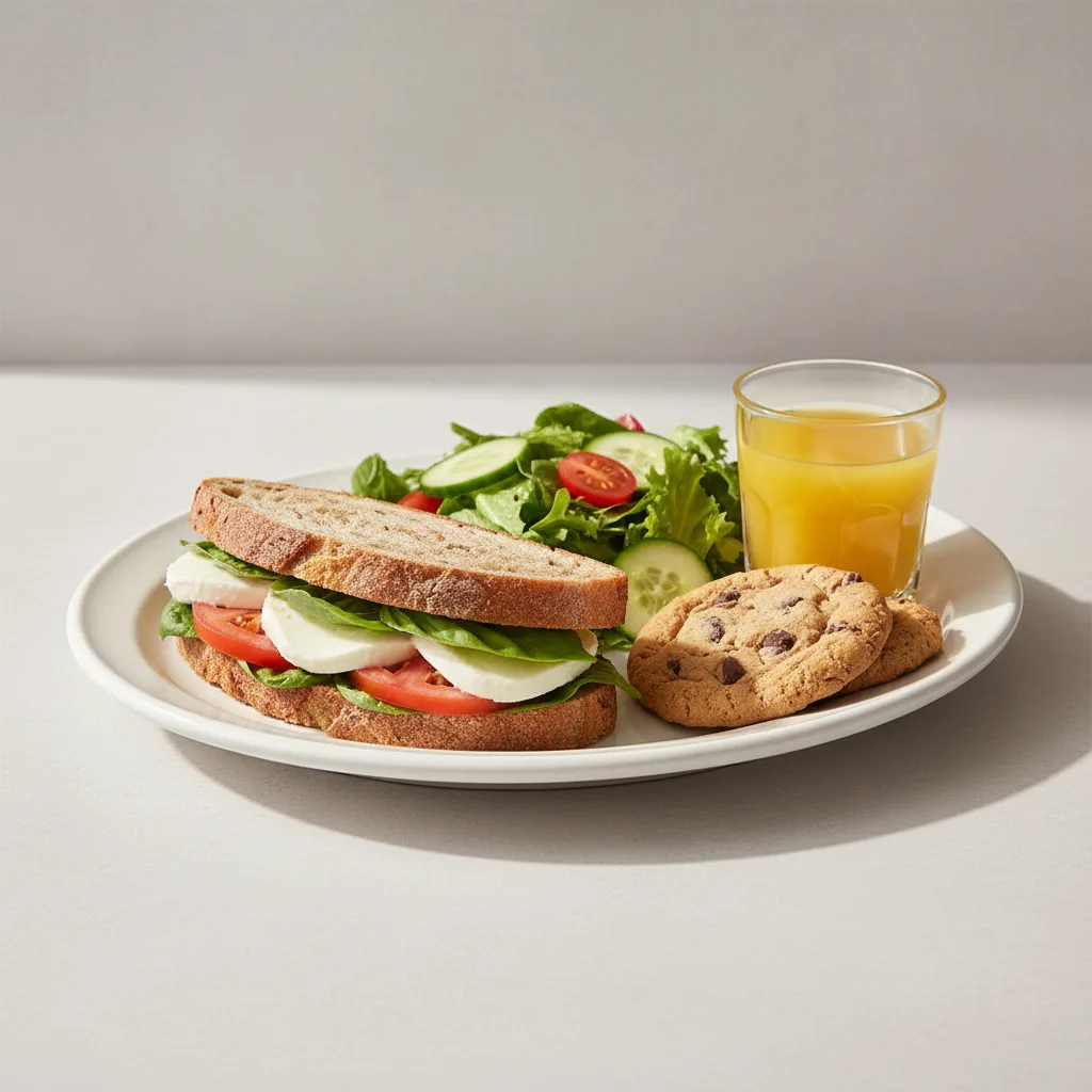 Mozzarella, Tomato and Basil Sandwich, House Salad, Cookie, Orange Juice Mozzarella, Tomato and Basil Sandwich, House Salad, Cookie, Orange Juice