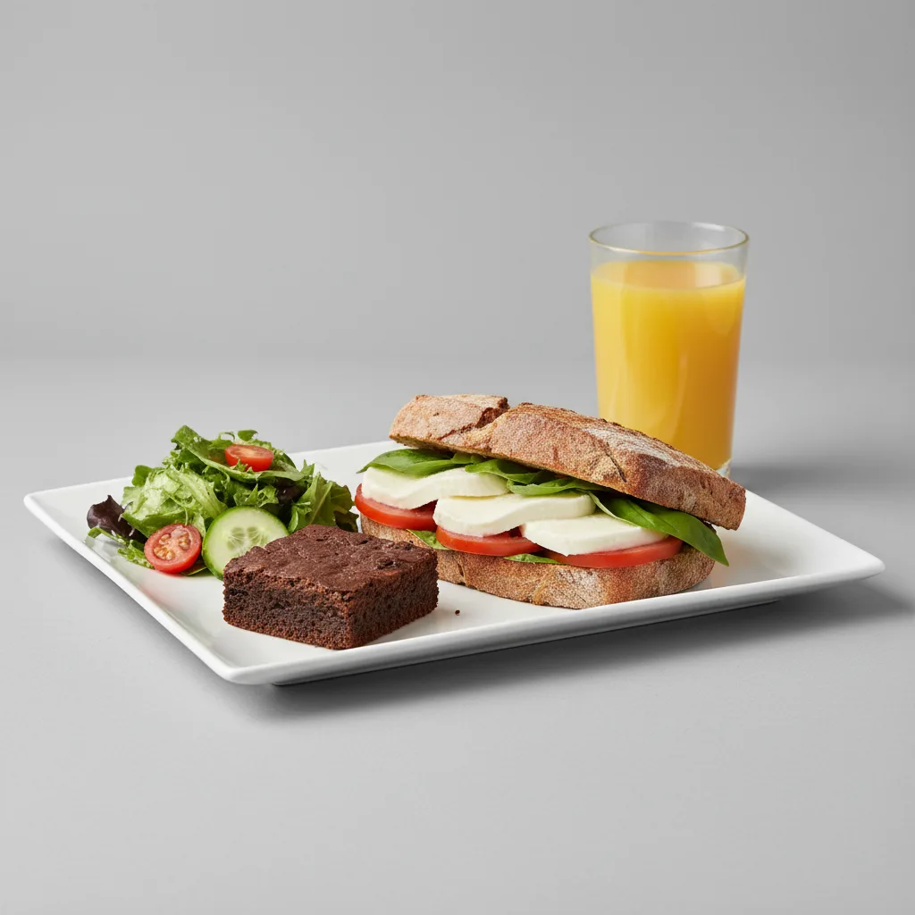Mozzarella, Tomato and Basil Sandwich, House Salad, Brownie, Orange Juice Mozzarella, Tomato and Basil Sandwich, House Salad, Brownie, Orange Juice