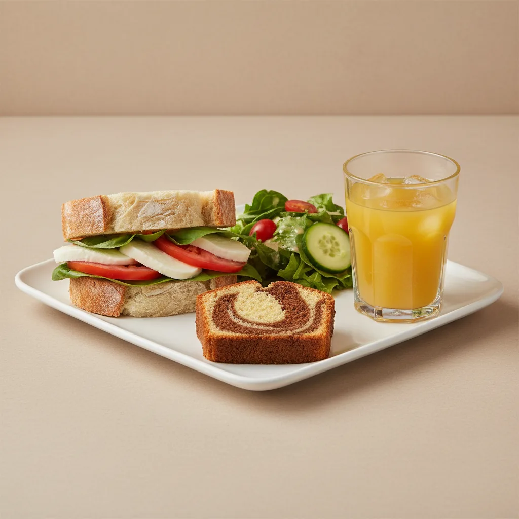 Mozzarella, Tomato and Basil Sandwich, House Salad, Poundcake, Orange Juice Mozzarella, Tomato and Basil Sandwich, House Salad, Poundcake, Orange Juice