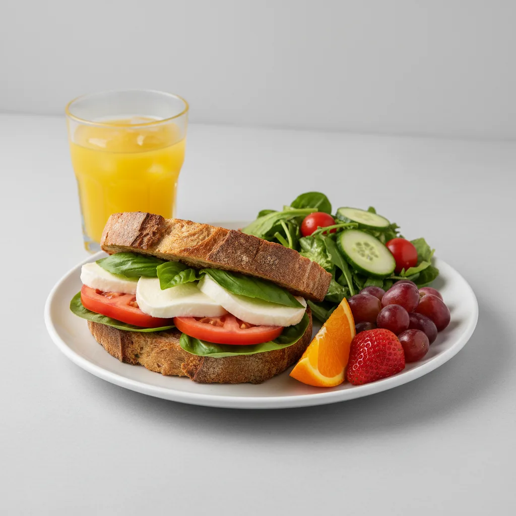 Mozzarella, Tomato and Basil Sandwich, House Salad, Fruit, Orange Juice Mozzarella, Tomato and Basil Sandwich, House Salad, Fruit, Orange Juice