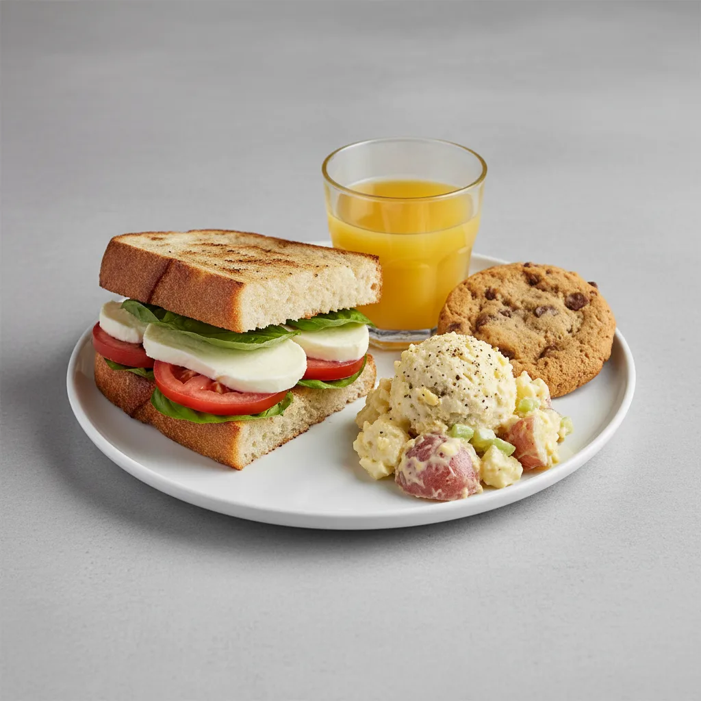 Mozzarella, Tomato and Basil Sandwich, Potato Salad, Cookie, Orange Juice Mozzarella, Tomato and Basil Sandwich, Potato Salad, Cookie, Orange Juice
