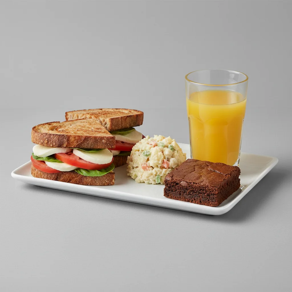Mozzarella, Tomato and Basil Sandwich, Potato Salad, Brownie, Orange Juice Mozzarella, Tomato and Basil Sandwich, Potato Salad, Brownie, Orange Juice