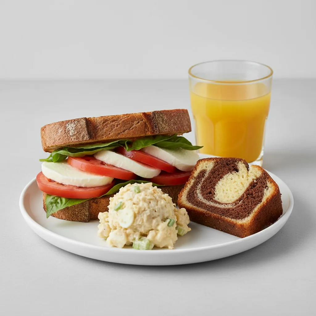 Mozzarella, Tomato and Basil Sandwich, Potato Salad, Poundcake, Orange Juice Mozzarella, Tomato and Basil Sandwich, Potato Salad, Poundcake, Orange Juice