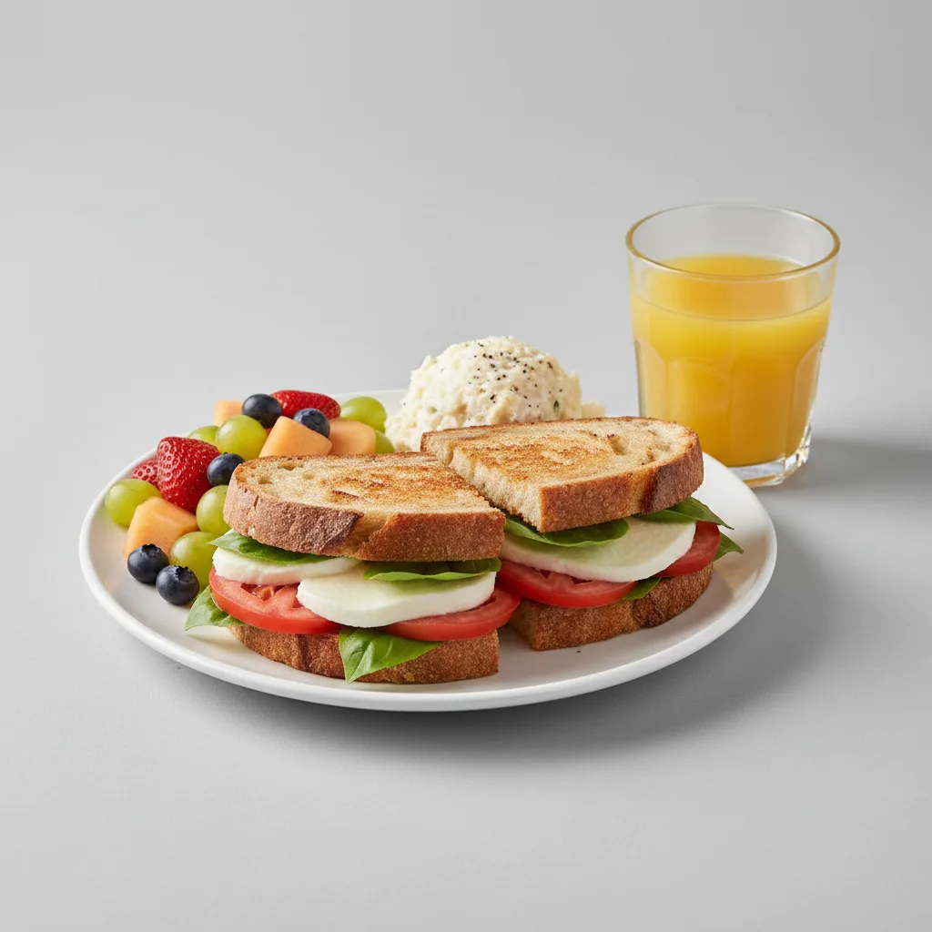 Mozzarella, Tomato and Basil Sandwich, Potato Salad, Fruit, Orange Juice Mozzarella, Tomato and Basil Sandwich, Potato Salad, Fruit, Orange Juice