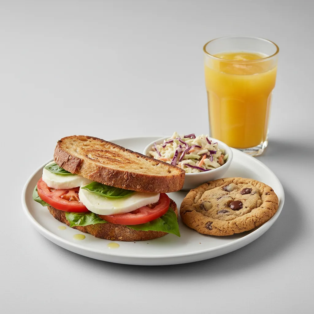 Mozzarella, Tomato and Basil Sandwich, Coleslaw, Cookie, Orange Juice Mozzarella, Tomato and Basil Sandwich, Coleslaw, Cookie, Orange Juice