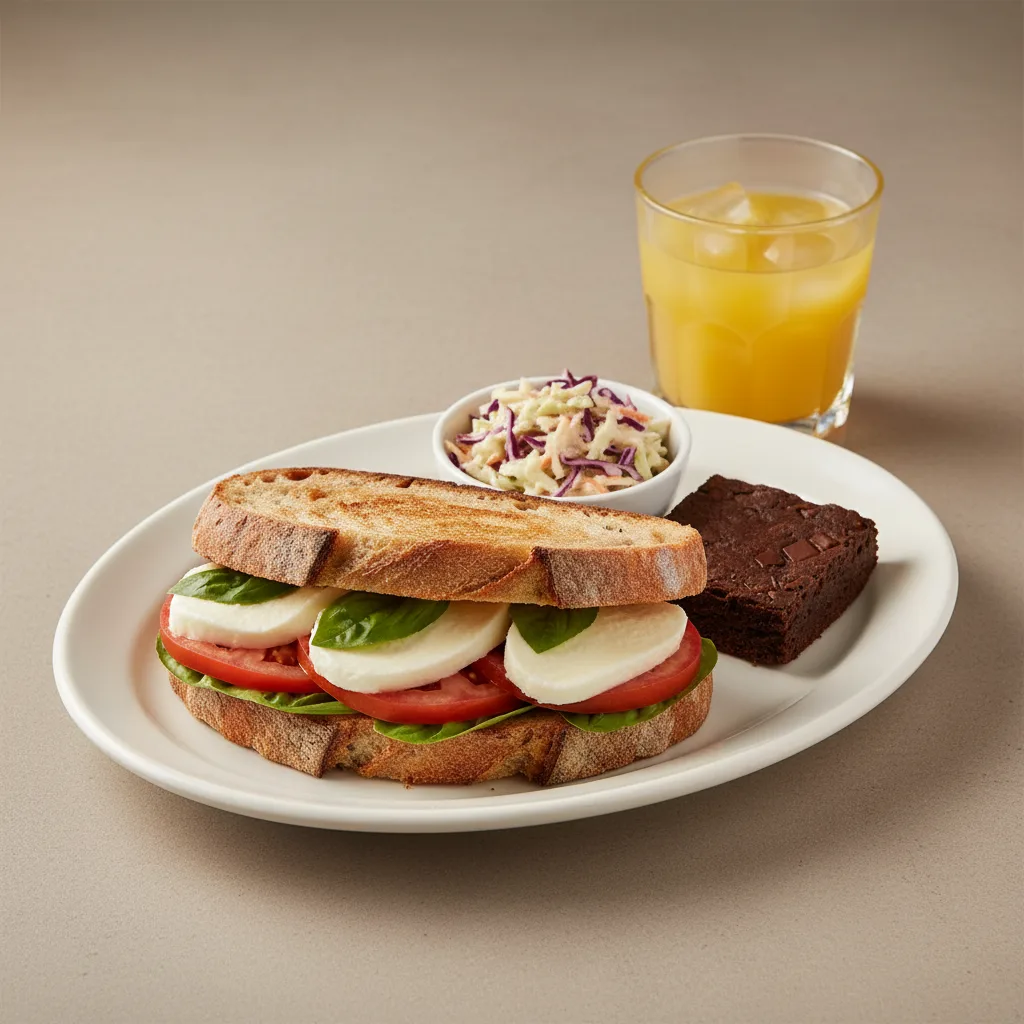 Mozzarella, Tomato and Basil Sandwich, Coleslaw, Brownie, Orange Juice Mozzarella, Tomato and Basil Sandwich, Coleslaw, Brownie, Orange Juice