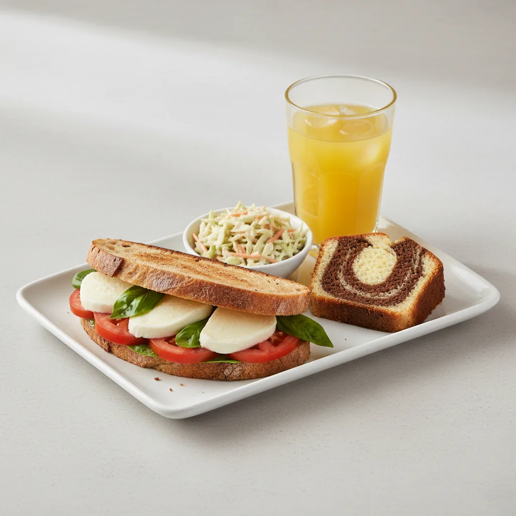 Mozzarella, Tomato and Basil Sandwich, Coleslaw, Poundcake, Orange Juice Mozzarella, Tomato and Basil Sandwich, Coleslaw, Poundcake, Orange Juice