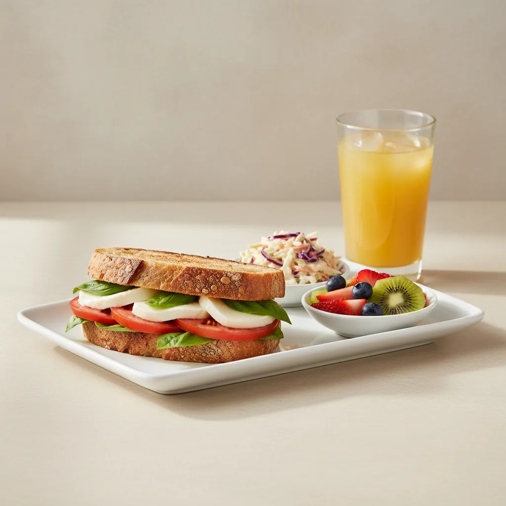 Mozzarella, Tomato and Basil Sandwich, Coleslaw, Fruit, Orange Juice Mozzarella, Tomato and Basil Sandwich, Coleslaw, Fruit, Orange Juice
