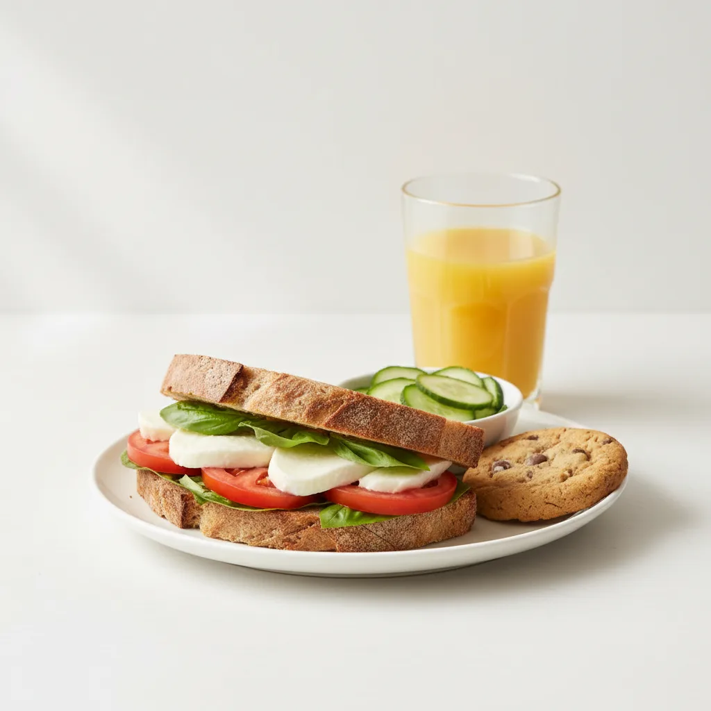 Mozzarella, Tomato and Basil Sandwich, Cucumber Salad, Cookie, Orange Juice Mozzarella, Tomato and Basil Sandwich, Cucumber Salad, Cookie, Orange Juice