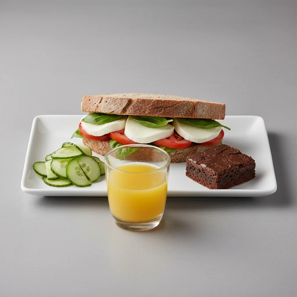 Mozzarella, Tomato and Basil Sandwich, Cucumber Salad, Brownie, Orange Juice Mozzarella, Tomato and Basil Sandwich, Cucumber Salad, Brownie, Orange Juice