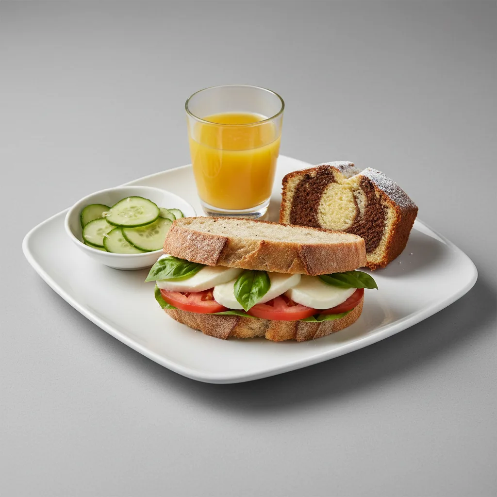 Mozzarella, Tomato and Basil Sandwich, Cucumber Salad, Poundcake, Orange Juice Mozzarella, Tomato and Basil Sandwich, Cucumber Salad, Poundcake, Orange Juice