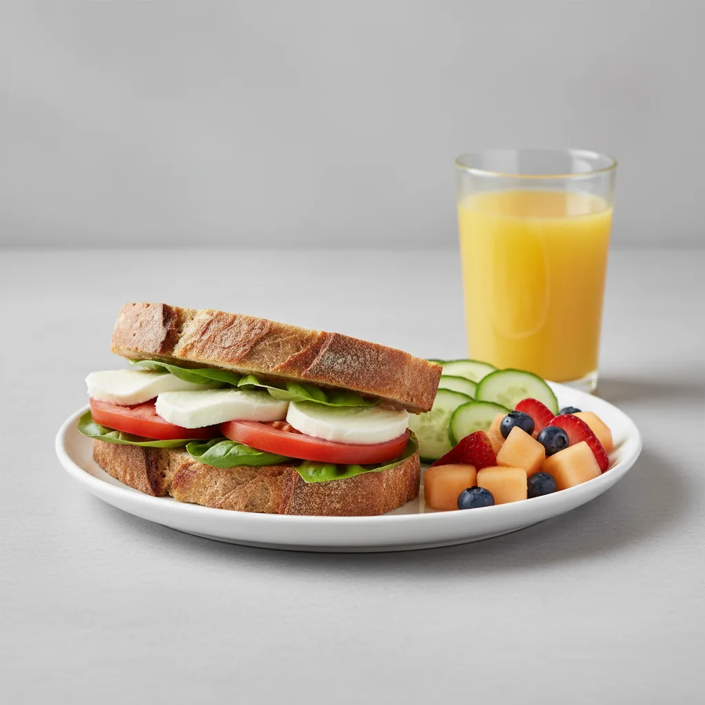 Mozzarella, Tomato and Basil Sandwich, Cucumber Salad, Fruit, Orange Juice Mozzarella, Tomato and Basil Sandwich, Cucumber Salad, Fruit, Orange Juice