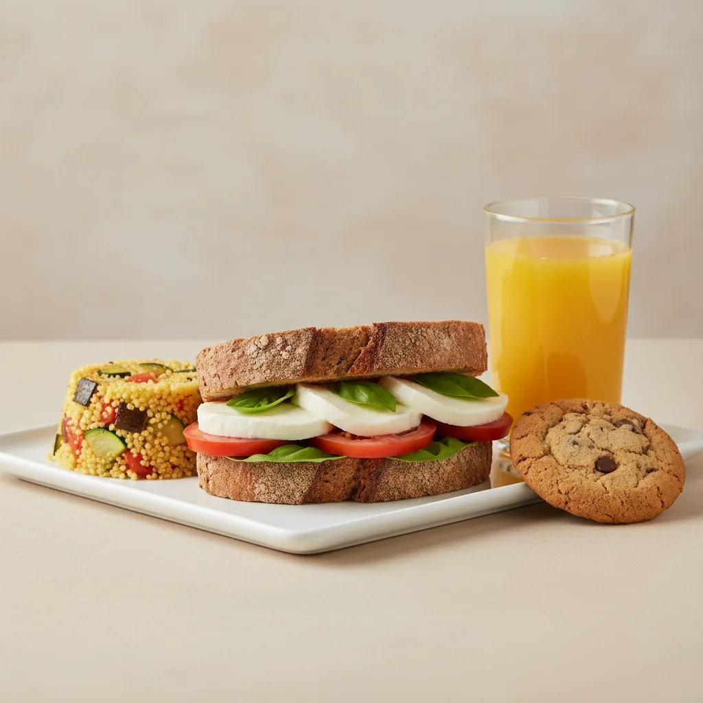 Mozzarella, Tomato and Basil Sandwich, Couscous, Cookie, Orange Juice Mozzarella, Tomato and Basil Sandwich, Couscous, Cookie, Orange Juice