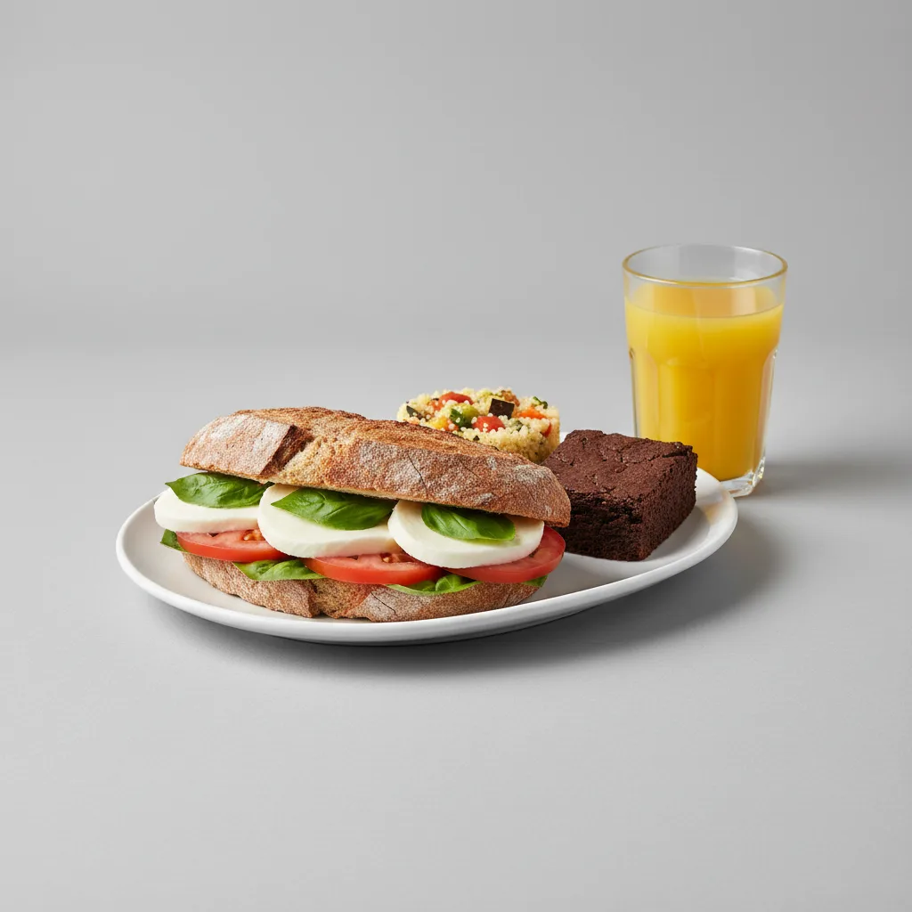 Mozzarella, Tomato and Basil Sandwich, Couscous, Brownie, Orange Juice Mozzarella, Tomato and Basil Sandwich, Couscous, Brownie, Orange Juice