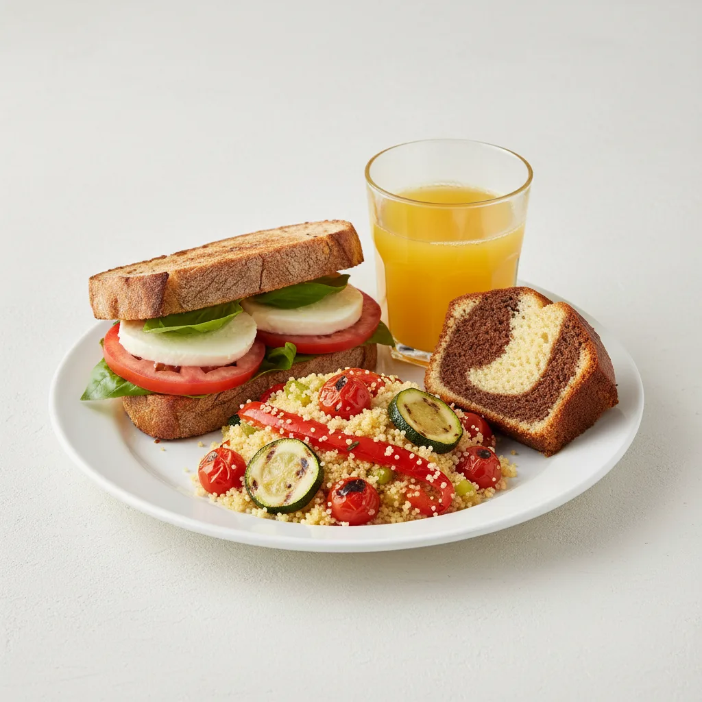 Mozzarella, Tomato and Basil Sandwich, Couscous, Poundcake, Orange Juice Mozzarella, Tomato and Basil Sandwich, Couscous, Poundcake, Orange Juice