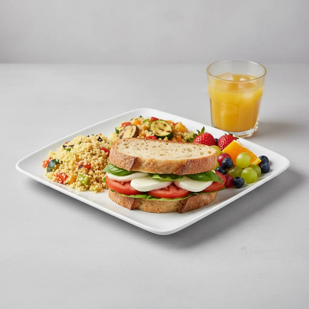 Mozzarella, Tomato and Basil Sandwich, Couscous, Fruit, Orange Juice Mozzarella, Tomato and Basil Sandwich, Couscous, Fruit, Orange Juice