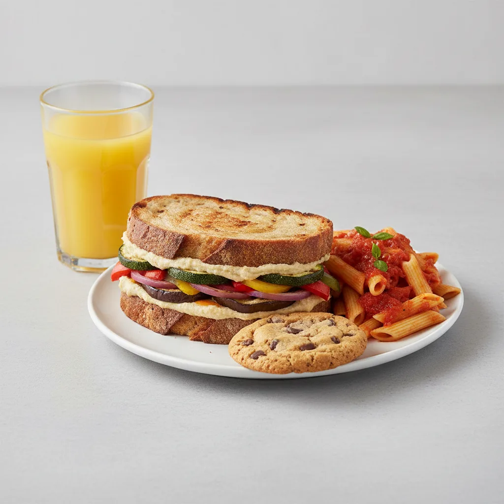 Grilled Vegetable Sandwich, Tomato Basil Penne, Cookie, Orange Juice Grilled Vegetable Sandwich, Tomato Basil Penne, Cookie, Orange Juice