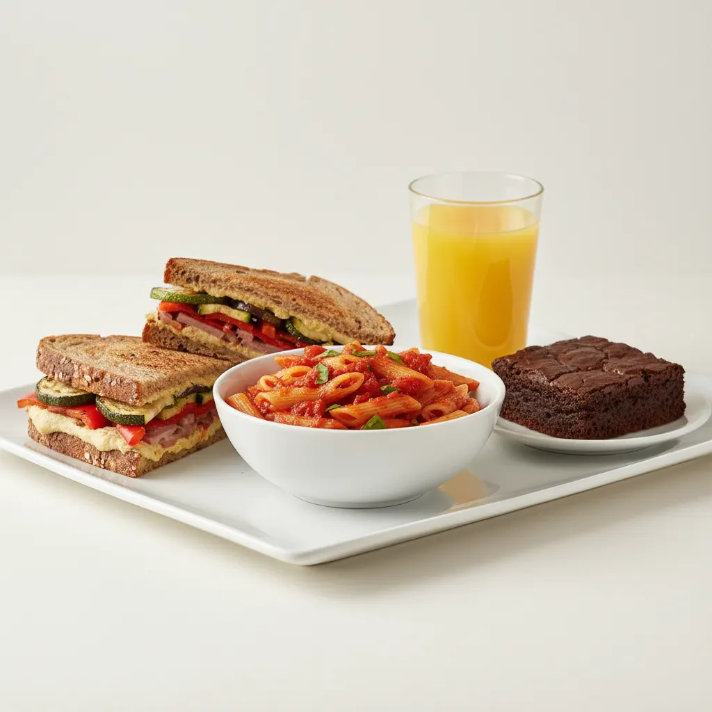 Grilled Vegetable Sandwich, Tomato Basil Penne, Brownie, Orange Juice Grilled Vegetable Sandwich, Tomato Basil Penne, Brownie, Orange Juice