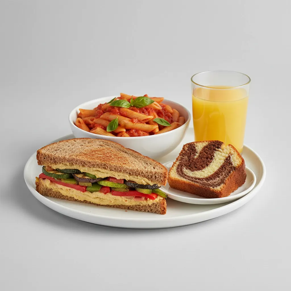 Grilled Vegetable Sandwich, Tomato Basil Penne, Poundcake, Orange Juice Grilled Vegetable Sandwich, Tomato Basil Penne, Poundcake, Orange Juice