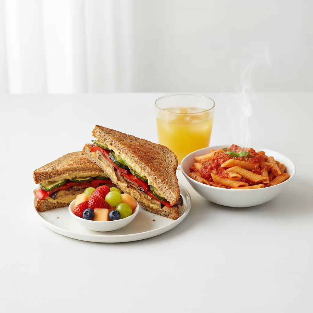 Grilled Vegetable Sandwich, Tomato Basil Penne, Fruit, Orange Juice Grilled Vegetable Sandwich, Tomato Basil Penne, Fruit, Orange Juice