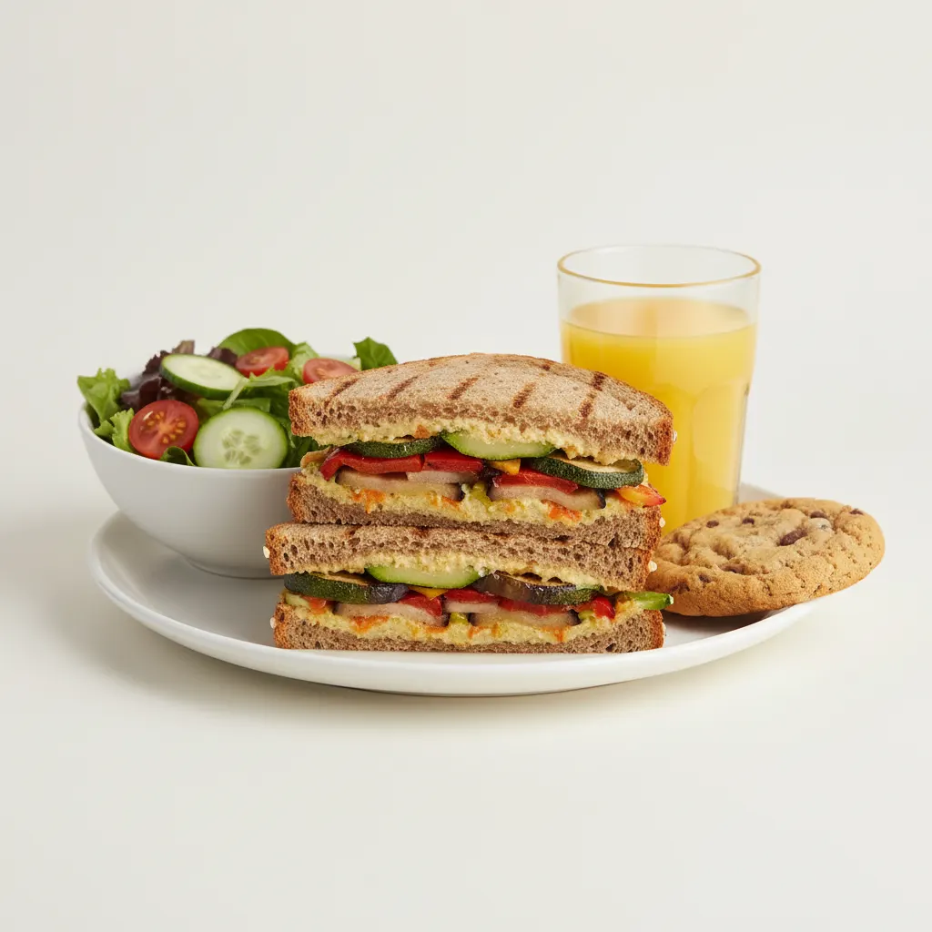 Grilled Vegetable Sandwich, House Salad, Cookie, Orange Juice Grilled Vegetable Sandwich, House Salad, Cookie, Orange Juice
