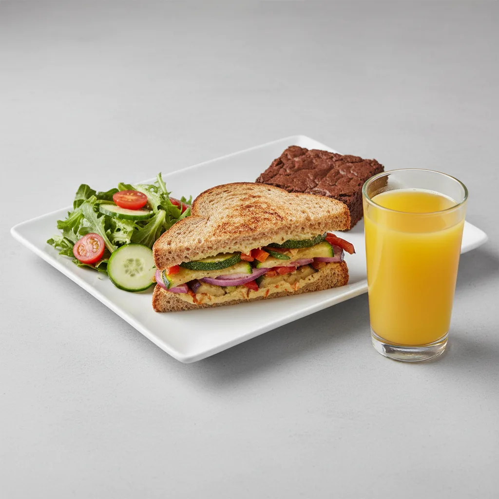 Grilled Vegetable Sandwich, House Salad, Brownie, Orange Juice Grilled Vegetable Sandwich, House Salad, Brownie, Orange Juice