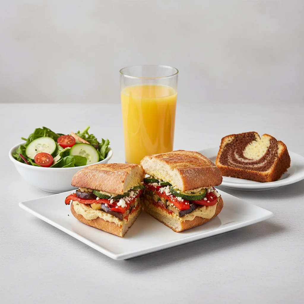 Grilled Vegetable Sandwich, House Salad, Poundcake, Orange Juice Grilled Vegetable Sandwich, House Salad, Poundcake, Orange Juice