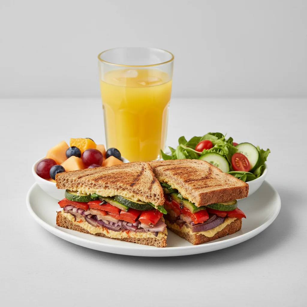 Grilled Vegetable Sandwich, House Salad, Fruit, Orange Juice Grilled Vegetable Sandwich, House Salad, Fruit, Orange Juice