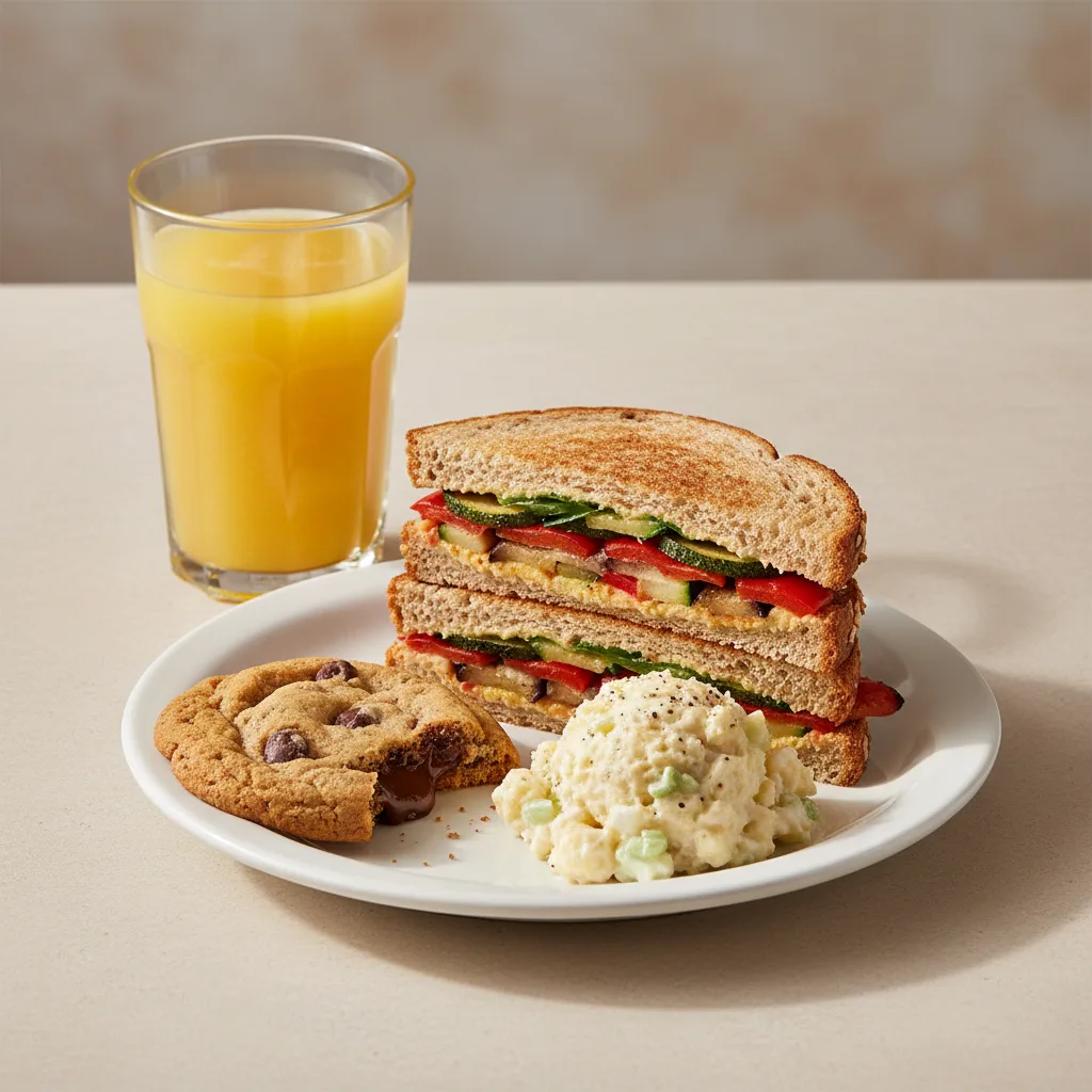 Grilled Vegetable Sandwich, Potato Salad, Cookie, Orange Juice Grilled Vegetable Sandwich, Potato Salad, Cookie, Orange Juice