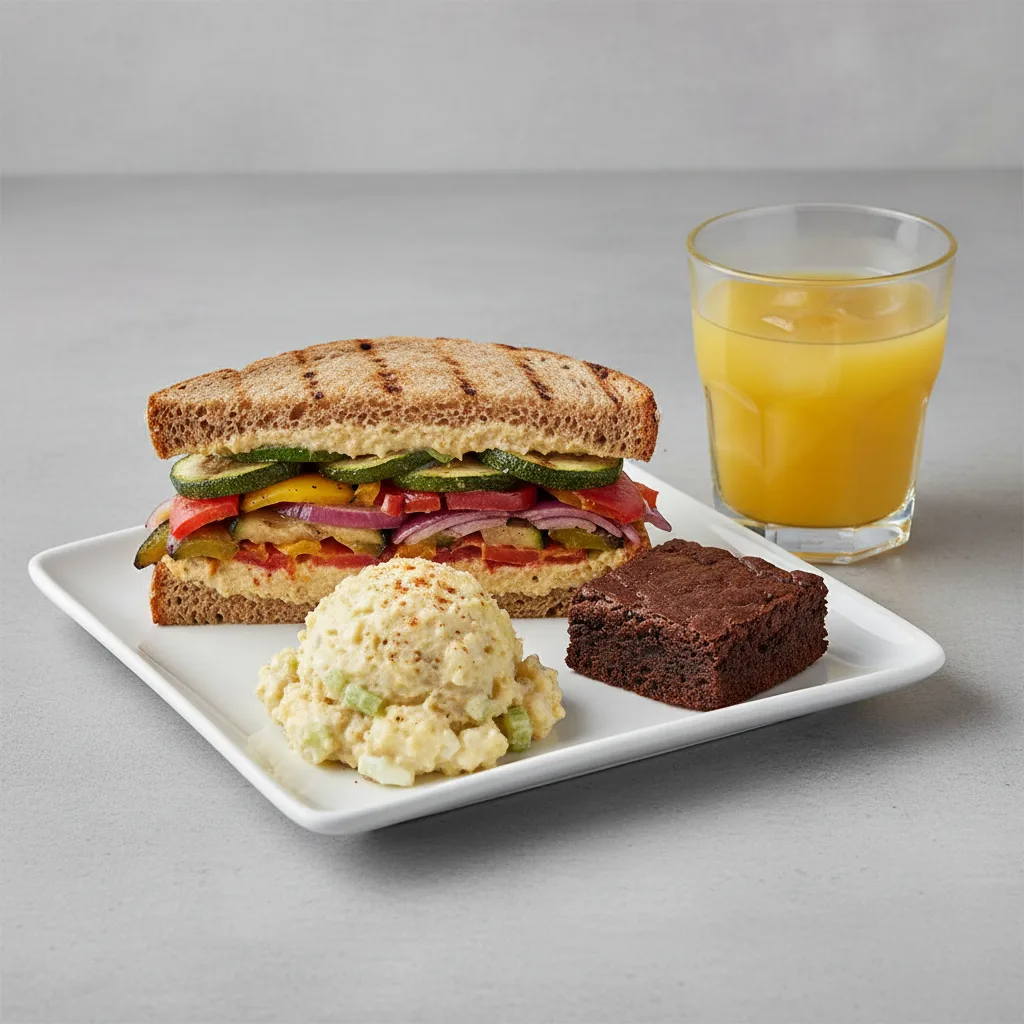 Grilled Vegetable Sandwich, Potato Salad, Brownie, Orange Juice Grilled Vegetable Sandwich, Potato Salad, Brownie, Orange Juice