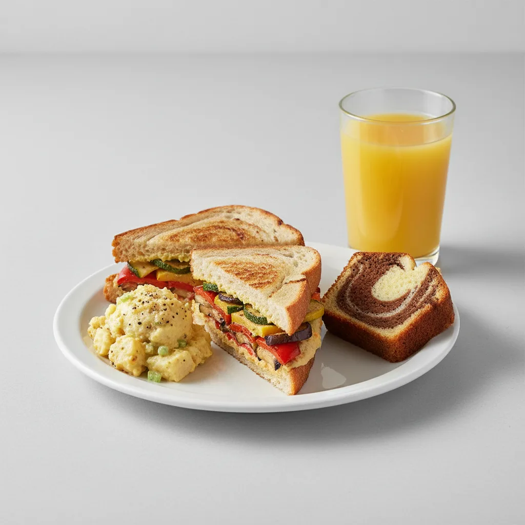 Grilled Vegetable Sandwich, Potato Salad, Poundcake, Orange Juice Grilled Vegetable Sandwich, Potato Salad, Poundcake, Orange Juice