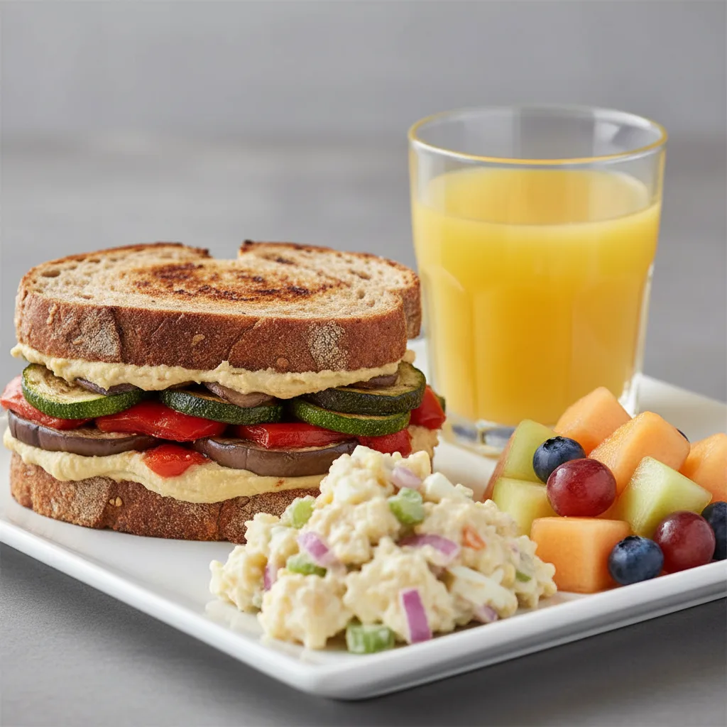 Grilled Vegetable Sandwich, Potato Salad, Fruit, Orange Juice Grilled Vegetable Sandwich, Potato Salad, Fruit, Orange Juice