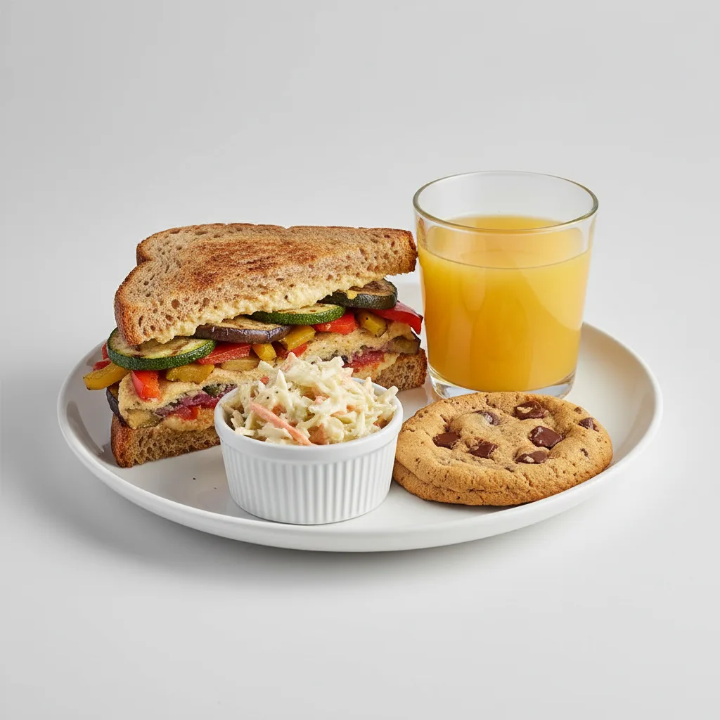 Grilled Vegetable Sandwich, Coleslaw, Cookie, Orange Juice Grilled Vegetable Sandwich, Coleslaw, Cookie, Orange Juice