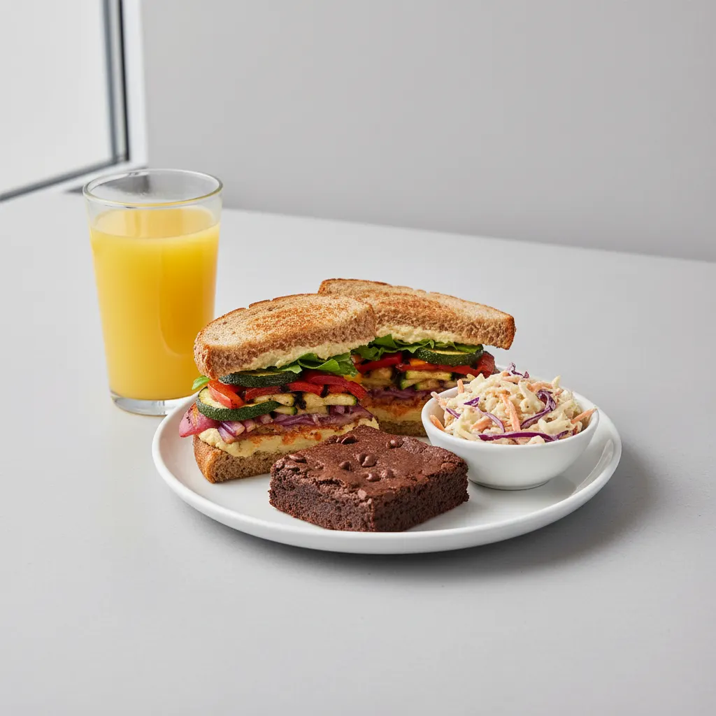 Grilled Vegetable Sandwich, Coleslaw, Brownie, Orange Juice Grilled Vegetable Sandwich, Coleslaw, Brownie, Orange Juice