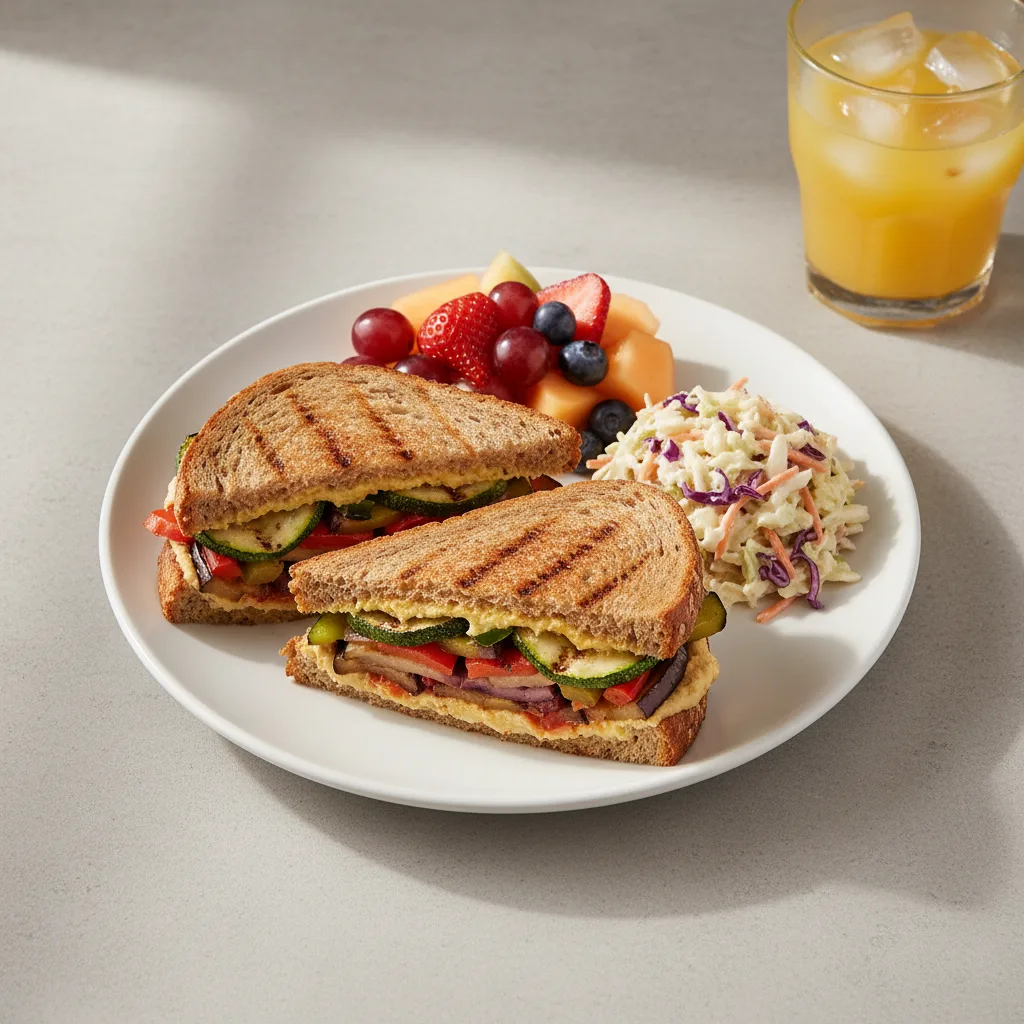 Grilled Vegetable Sandwich, Coleslaw, Fruit, Orange Juice Grilled Vegetable Sandwich, Coleslaw, Fruit, Orange Juice