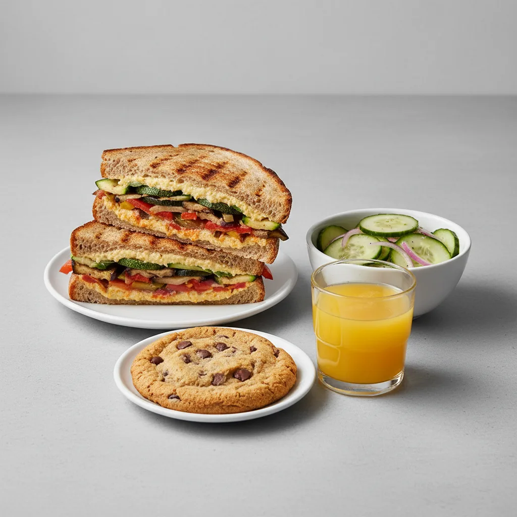 Grilled Vegetable Sandwich, Cucumber Salad, Cookie, Orange Juice Grilled Vegetable Sandwich, Cucumber Salad, Cookie, Orange Juice