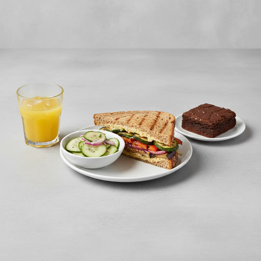 Grilled Vegetable Sandwich, Cucumber Salad, Brownie, Orange Juice Grilled Vegetable Sandwich, Cucumber Salad, Brownie, Orange Juice