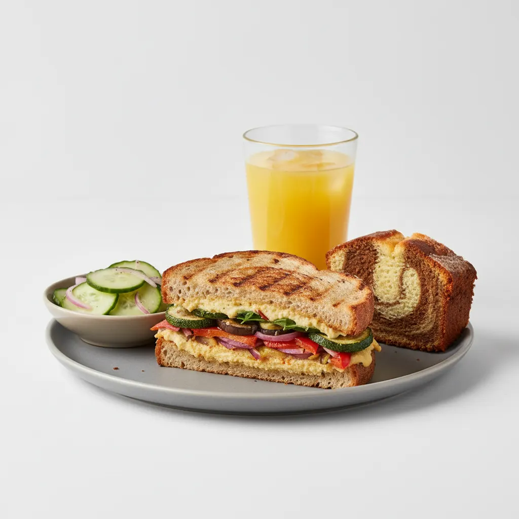 Grilled Vegetable Sandwich, Cucumber Salad, Poundcake, Orange Juice Grilled Vegetable Sandwich, Cucumber Salad, Poundcake, Orange Juice