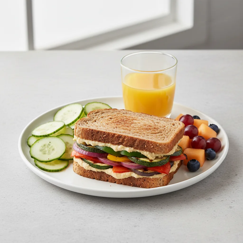 Grilled Vegetable Sandwich, Cucumber Salad, Fruit, Orange Juice Grilled Vegetable Sandwich, Cucumber Salad, Fruit, Orange Juice