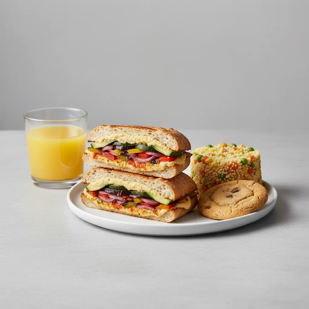 Grilled Vegetable Sandwich, Couscous, Cookie, Orange Juice Grilled Vegetable Sandwich, Couscous, Cookie, Orange Juice